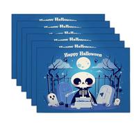 Lot De 4 Sets Table 30X45Cm - Bleu Et Blanc Squelette De Pleine Lune Illustration De Dessin Animé Tissu Lavable,Décoration De Table pour Salle À Manger,Halloween Usage Quotidien