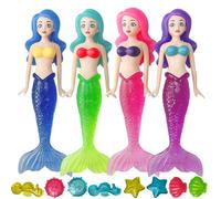 Lot de 4 Sirène avec Coquille Chaud Rose Jouets de Plongée pour Piscine,8 pierres précieuse Sinkers Sirène pour Enfants Jouets Piscine,Petites Sirènes Jeux Piscine Cadeau pour Enfant Fille 3-12Ans