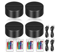 Lot de 4 socles de lampe de nuit LED 3D avec télécommande, câble USB, socle de lampe LED 3D, 16 couleurs, pour chambre à coucher, bar, café
