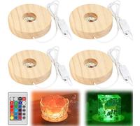 Lot de 4 socles lumineux LED en bois - Socle lumineux rond en bois - 7 couleurs - Éclairage en bois réglable - Base en bois pour cristal, verre, acrylique