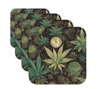 Lot de 4 sous-verres en cuir « A Puff In Time Weed » pour boissons, tasse à thé, cuisine, bar, décoration d'intérieur, cadeau de pendaison de crémaillère