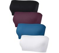 Lot de 4 Soutiens-Gorge Bandeau sans Bretelles sans Couture Non rembourrés Extensibles pour Femme, Bleu foncé, Rouge foncé, Blanc, Noir, L