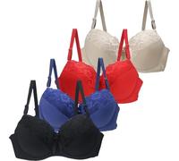 Lot de 4 soutiens-gorge en dentelle pour femme avec armatures push-up - Grandes seins - Maintien solide - Bretelles réglables - Bralette classique souple - Rembourré - Confortable - Sous-vêtements