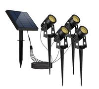 Lot de 4 Spots Solaires avec Panneau Solaire Déporté ROUNDY - Éclairage LED Puissant Blanc Chaud, 4 en 1 à Piquer ou à Fixer, Idéal pour Jardin, Terrasse et Allée (H27 cm)