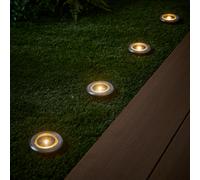 Lights4fun Lot de 4 spots solaires encastrables pour terrasse - Fonctionne à l'énergie solaire - Blanc chaud - LED printemps et été - Décoration pour extérieur, balcon, jardin - Argenté - H 2,1 cm x Ø