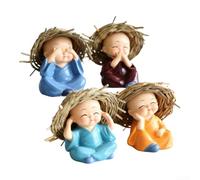 Lot de 4 statues de moine porte-bonheur en résine avec chapeaux de paille - Figurines mignonnes de petit Bouddha pour plantes en bois porte-bonheur brésiliennes - Accessoires de décoration d'intérieur