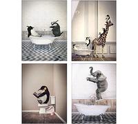 Lot de 4 stickers muraux pour animaux en noir et blanc avec animaux dans la baignoire, affiches minimalistes pour la maison, sans cadre (40 x 60 cm x 4 pièces)