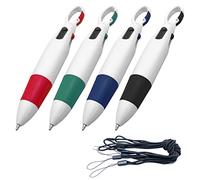 Lot de 4 stylos à bille multicolores 4 en 1 avec 4 cordons noirs, rétractables à mousqueton, tout-en-un, fournitures de papeterie pour bureau et école