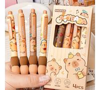Lot de 4 stylos à encre gel effaçables Motif dessin animé Capybara Kawaii Séchage rapide Écriture lisse Élégant Stylos neutres esthétiques Papeterie