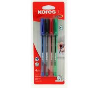 Kores Stylo à bille K1 1 mm, encre anti-salissure, forme triangulaire – Pack 4 couleurs assorties