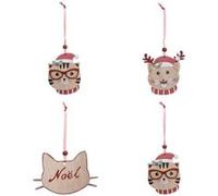Lot de 4 Sujets de Noël Chat 12cm Beige & Rouge G