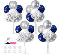 Lot de 4 supports de ballons pour centres de table comprenant 32 ballons confettis en latex bleu argenté pour anniversaire, remise de diplôme, fête prénatale garçon, décorations de table