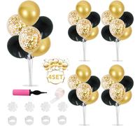 Lot De 4 Supports De Ballons Pour Centres De Table Comprenant 32 Ballons Confettis En Latex Noir Et Doré Pour Anniversaire, Remise De Diplôme, Fête Prénatale Garçon, Décorations De Table