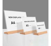 Lot de 4 supports de menu paysage A5 en acrylique,transparent Présentoirs de Bureau,Affichage double face,Avec un socle en bois,Résistant à l'abrasion,pour restaurants,hôtels,conférence et réception