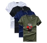 Lot de 4 T-Shirt Homme Col V Manches Courtes Casual Tee Shirt Ete Coupe Droite Imprimé Chat de Boxe - Blanc/noir/bleu/vert M