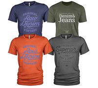 Lot de 4 t-shirts décontractés, pour homme, avec imprimé à l'avant et col rond en denim, Collection 3, L