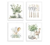 Lot de 4 tableaux muraux botaniques pour cuisine, avec design eucalyptus, images vertes, pour mur de cuisine et salle à manger, 30 x 21 cm, format A4, pour décoration moderne et de style maison de