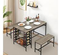 Lot de 4 tables à manger avec 2 bancs pour 4 personnes, ensemble de table de cuisine avec étagère de rangement, étagère à vin et support en verre, groupe de salle à manger peu encombrant pour petits