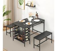 Lot de 4 tables à manger avec 2 bancs pour 4 personnes, ensemble de table de cuisine avec étagère de rangement, étagère à vin et support en verre, groupe de salle à manger peu encombrant pour petits