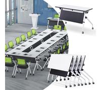 Lot de 4 tables de conférence pliantes blanches avec roues silencieuses, pour salles de conférence modernes, salles de conférence, salles de formation, tables d'entraînement mobiles à rabat (4 paquets