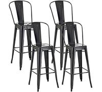 Lot De 4 Tabourets De Bar Design Aiden en Métal Robuste I Dossier Et Repose-Pied I Chaise Haute De Cuisine, Couleur:Noir