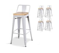 - Lot de 4 chaises de bar, tabouret haut style industriel avec petit dossier en métal blanc mat et assise en bois naturel clair