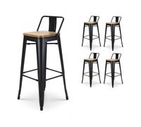 Lot de 4 tabourets de bar en métal noir mat style industriel avec dossier et assise en bois clair - Hauteur 76 cm