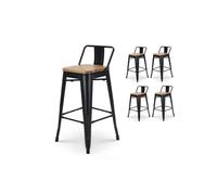 - Lot de 4 tabourets de bar en métal noir mat style industriel avec dossier et assise en bois clair - Hauteur 66cm