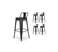 KOSMI - Lot de 4 tabourets de bar en métal noir mat style industriel avec dossier et assise en bois foncé - Hauteur 76 cm Noir mat