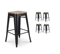 Kosmi Lot de 4 Tabourets de Bar Industriels 66 cm - Structure en Métal Noir Mat, Assise en Bois Clair, Style Loft Vintage, Cuisine, Îlot Central, Bar, Restaurant, Montage Facile