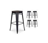 - Lot de 4 tabourets de bar en métal noir mat style industriel et assise en bois foncé - Sans dossier - Hauteur 76 cm