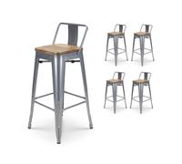 Lot de 4 tabourets de bar en métal silver style industriel avec dossier et assise en bois clair - Hauteur 66 cm