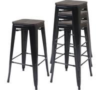4x Tabouret De Bar Hwc-A73 Avec Siège En Bois, Chaise De Comptoir, Métal, Design Industriel, Empilable Noir Multicolore