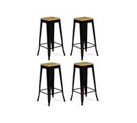 IDMarket Tabourets de bar Leny – métal noir mat, assise bois, empilable, aspect brut – Lot de 4