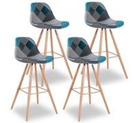 Lot De 4 Tabourets De Bar Sara Motifs Patchworks Bleus Bleu