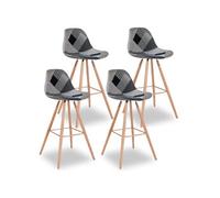 IDMarket Tabourets de bar SARA – Lot de 4 motifs patchworks noirs, gris et blancs