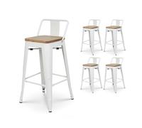 Kosmi - Lot de 4 tabourets en métal Blanc Mat Style Industriel avec Dossier et Assise en Bois Clair - Hauteur 66cm