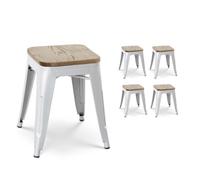 Kosmi Lot de 4 tabourets en métal Blanc Mat Style Industriel et Assise en Bois Clair - Hauteur 46 cm