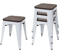 lot de 4 tabourets HWC-A73 avec assise en bois, tabouret métallique, métal design industriel empilable ~ blanc