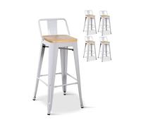 Lot de 4 tabourets en métal blanc mat style industriel avec dossier et assise en bois clair - Hauteur 66cm