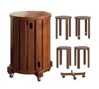 Lot de 4 tabourets ronds empilables en bois massif minimalistes avec roulettes pour salon, chambre à coucher, cuisine, balcon, marron foncé