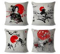 Lot de 4 Taies d'oreiller Decoratif 45x45cm Canapé Doux Jeter Taies d'oreiller Housse de Coussin de Voiture pour Chambre Salon Bureau décor de la Maison Ensemble Japonais Paysage Femme