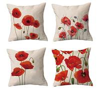 Lot de 4 Taies d'oreiller Decoratif Fleurs de Pavot Rouge(40x40cm) Doux Linge Jeter Taies d'oreiller Housse de Coussin Carrées Taie d'oreiller pour Chambre, canapé, Chaise, Voiture, Lit, Jardin