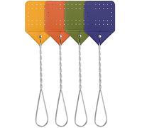 Lot de 4 tapettes à mouche en cuir avec long manche en métal - Tapette à mouches rustique colorée pour cuisine, maison, intérieur et extérieur - 4 couleurs (orange, vert, jaune, violet)