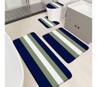 Lot de 4 tapis de salle de bain à motif géométrique moderne à rayures bleu marine et vert sauge, 45,7 x 76,2 cm et 40,6 x 121,9 cm, tapis de toilette et housse en forme de U, décor chic