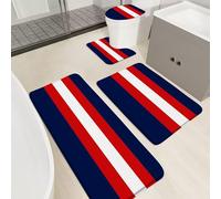 Lot de 4 tapis de salle de bain - Tapis de bain moderne à rayures géométriques bleu marine et rouge, 61 x 91,4 cm et 61 x 121,9 cm, tapis de toilette en forme de U et housse de toilette, design chic
