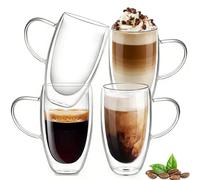 Lot de 4 Tasse Cafe 450ML, Tasse à Café Double Paroi en Verre avec Poignée | Tasses à Expresso Transparent, Tasse Double Paroi, Service a Cafe, Résistant à la Chaleur Tasses à Latte, Lave Vaisselle