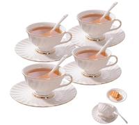 Lot de 4 tasses à café avec soucoupe et cuillère, blanc avec bordure dorée, design convivial, pour la maison et le café, amateurs de café, usage quotidien, facile à nettoyer