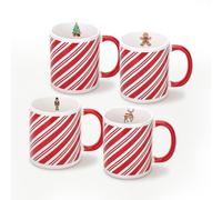 Lot de 4 tasses à café de Noël - 325 ml (325 ml) - Tasses de vacances en céramique avec rayures en sucre d'orge - Motif casse-noix, renne, arbre de Noël et bonhomme en pain d'épices - Cadeau de Noël