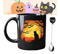 Lot de 4 tasses à café effrayantes en céramique avec motif de château gothique, cadeau pour amoureux des chats, cadeau d'Halloween sorcière (A)